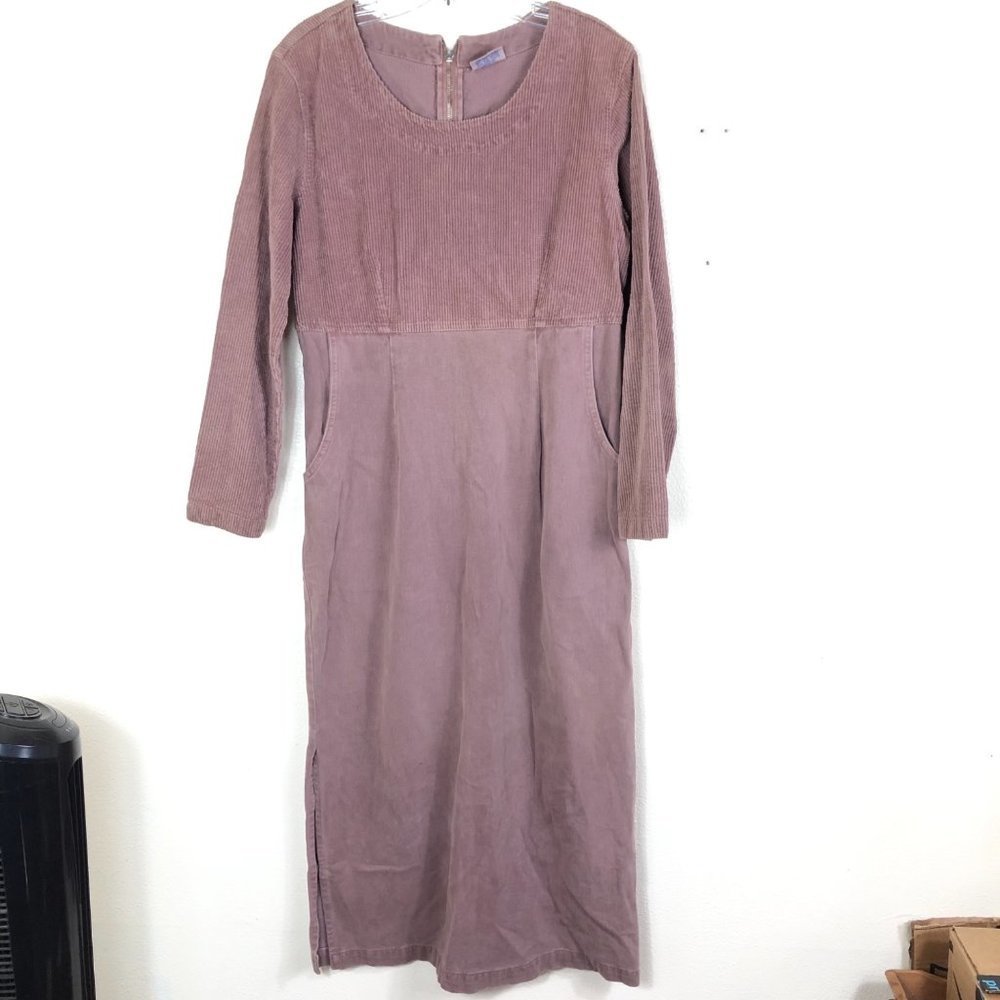 Vintage COTTON USA Corduroy Top Denim Bottom Long Sleeve Midi Dress Size Small